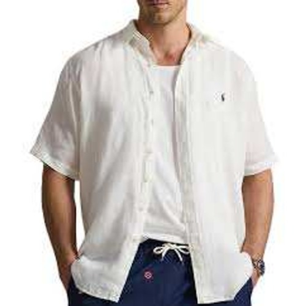 Polo Ralph Lauren Mens XXL White Linen Short Sleeve Untucked Fit Button Down‎